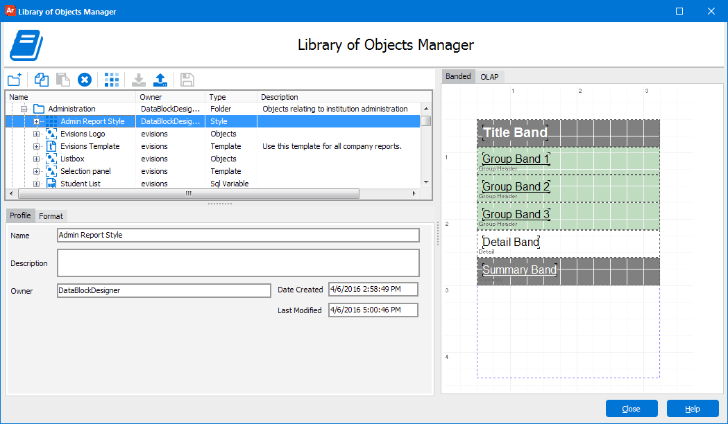 Library of Objects Manager with the Profile tab selected.